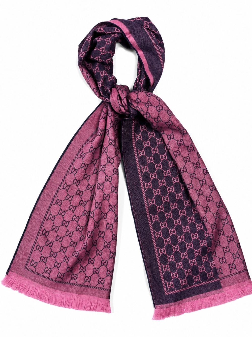 Gucci Wool GG Monogram Reversible New Sten Fringe Scarf Flannel Light Purple